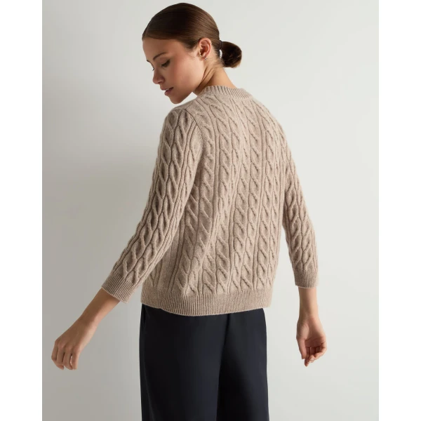 N.Peal Emilia Cable Round Neck Cashmere Jumper in Oatmeal Brown