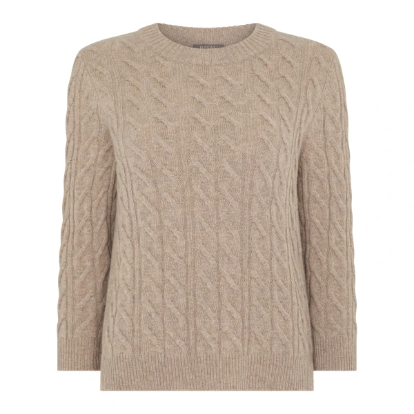 Emilia Cable Round Neck Cashmere Jumper in Oatmeal Brown