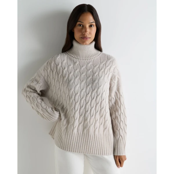 N.Peal Emmie Relaxed Cable Roll Neck Cashmere Jumper in Arctic Grey Melange