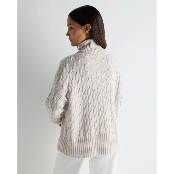 N.Peal Emmie Relaxed Cable Roll Neck Cashmere Jumper in Arctic Grey Melange