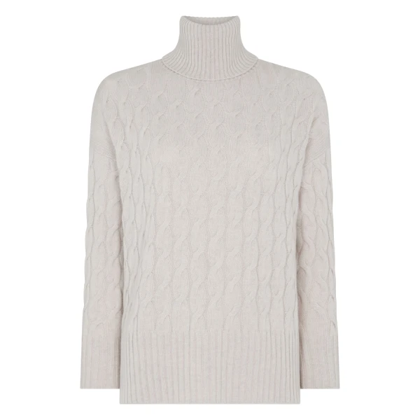 N.Peal Emmie Relaxed Cable Roll Neck Cashmere Jumper in Arctic Grey Melange | Turtlenecks | Coveti