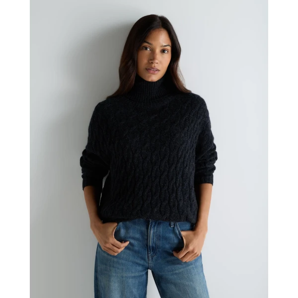 N.Peal Emmie Relaxed Cable Roll Neck Cashmere Jumper in Ink Blue Melange