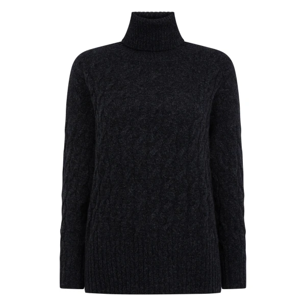 Emmie Relaxed Cable Roll Neck Cashmere Jumper in Ink Blue Melange