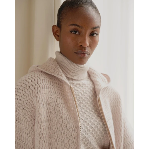 N.Peal Fairisle Cashmere Roll Neck Cashmere Jumper With Lurex in Snow Grey