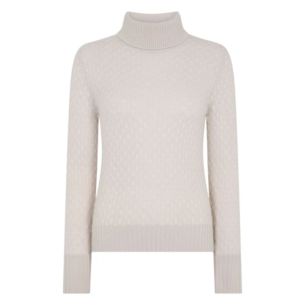 N.Peal Fairisle Cashmere Roll Neck Cashmere Jumper With Lurex in Snow Grey | Turtlenecks | Coveti