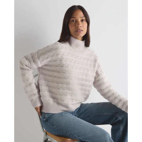 N.Peal Fairisle Funnel Neck Cashmere Jumper With Lurex in Snow Grey