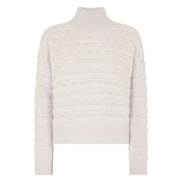N.Peal Fairisle Funnel Neck Cashmere Jumper With Lurex in Snow Grey | Turtlenecks | Coveti