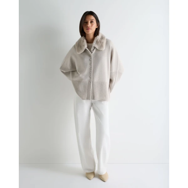 N.Peal Fur Collar Buttoned Cashmere Cape in Pebble Grey