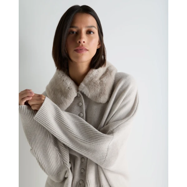 N.Peal Fur Collar Buttoned Cashmere Cape in Pebble Grey