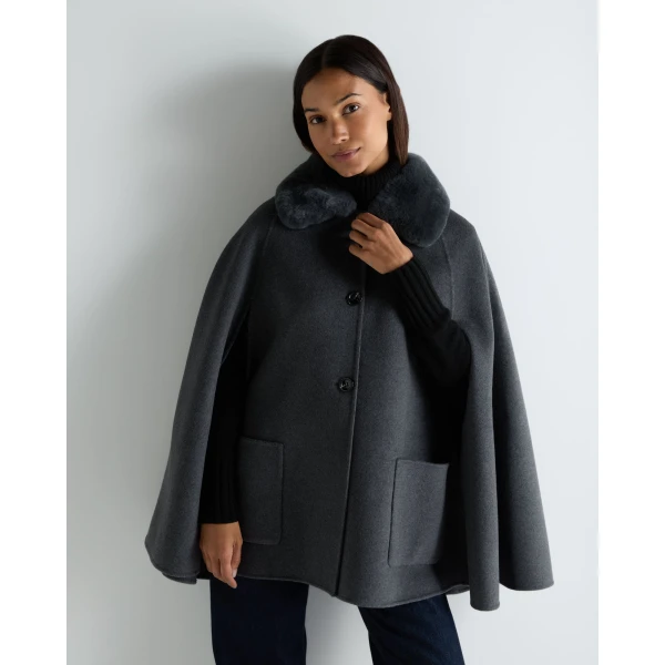 N.Peal Fur Collar Woven Cape in Dark Grey