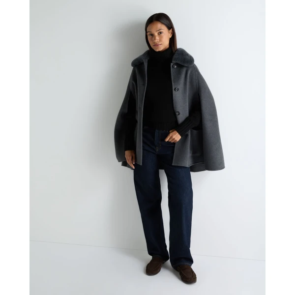 N.Peal Fur Collar Woven Cape in Dark Grey