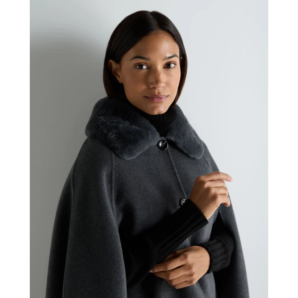N.Peal Fur Collar Woven Cape in Dark Grey