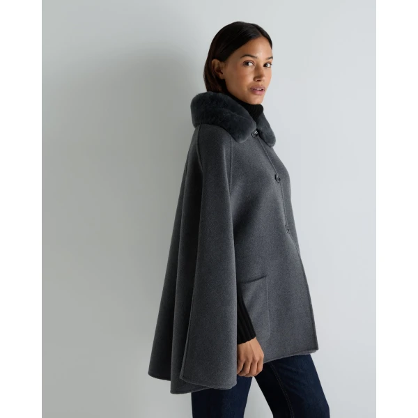N.Peal Fur Collar Woven Cape in Dark Grey