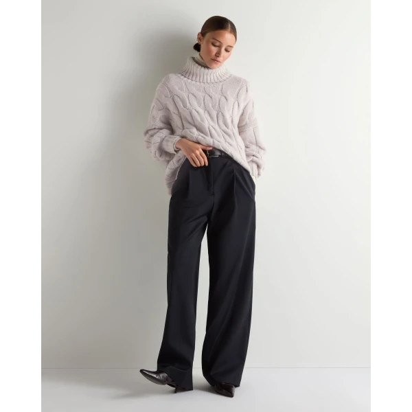 N.Peal Hana Chunky Cable Roll Neck Cashmere Jumper in Snow Grey