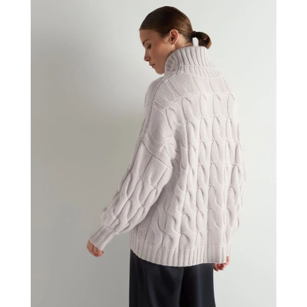 N.Peal Hana Chunky Cable Roll Neck Cashmere Jumper in Snow Grey