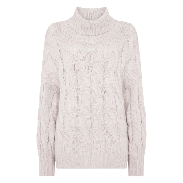 N.Peal Hana Chunky Cable Roll Neck Cashmere Jumper in Snow Grey | Turtlenecks | Coveti