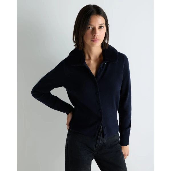 N.Peal Hannah Fur Collar Cashmere Cardigan in Navy Blue