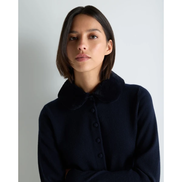 N.Peal Hannah Fur Collar Cashmere Cardigan in Navy Blue