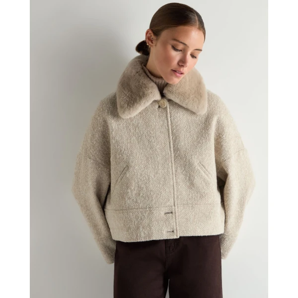 N.Peal Herringbone Jacket With Rex Fur Collar in Beige Brown