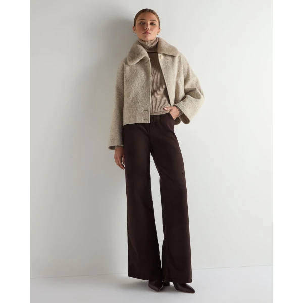 N.Peal Herringbone Jacket With Rex Fur Collar in Beige Brown