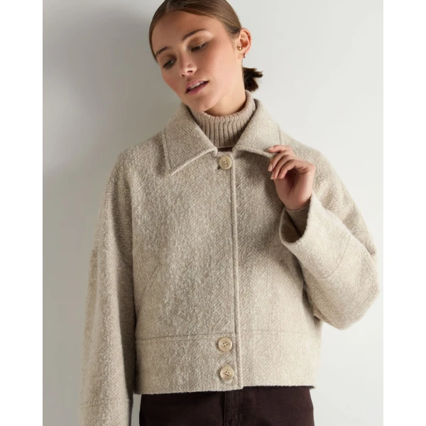 N.Peal Herringbone Jacket With Rex Fur Collar in Beige Brown