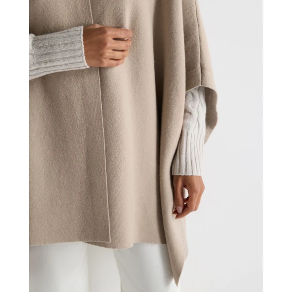 N.Peal High Collar Cashmere Cape With Fur Trim in Cashew Brown