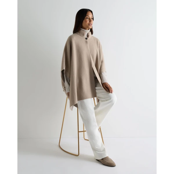 N.Peal High Collar Cashmere Cape With Fur Trim in Cashew Brown