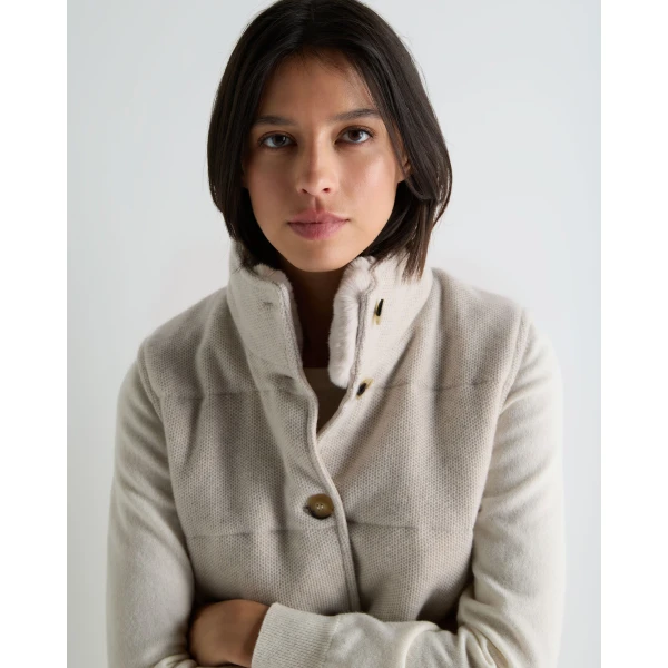 N.Peal Honeycomb Cashmere Gilet With Fur Trim in Pebble Grey