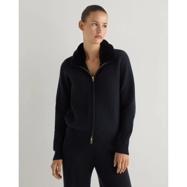 N.Peal Honeycomb Full Zip Cashmere Jumper With Fur Trim in Navy Blue