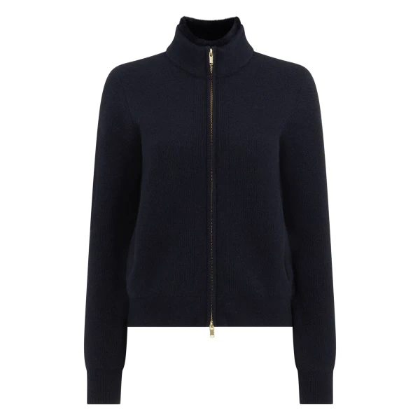 N.Peal Honeycomb Full Zip Cashmere Jumper With Fur Trim in Navy Blue | Sweaters | Coveti