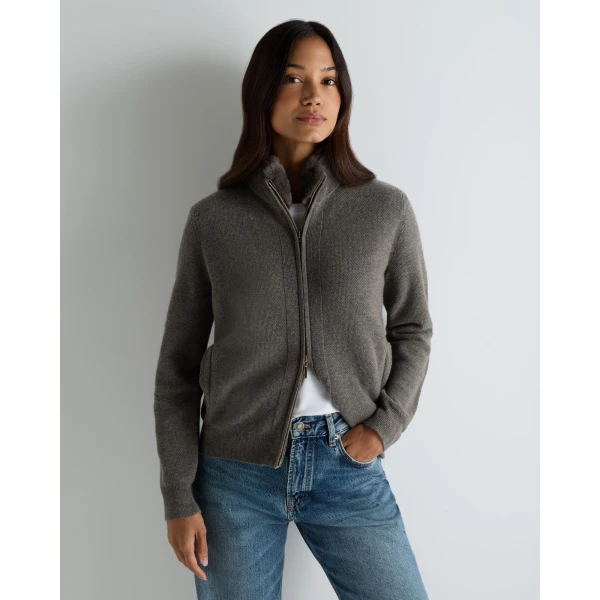 N.Peal Honeycomb Full Zip Cashmere Jumper With Fur Trim in Wood Smoke Brown