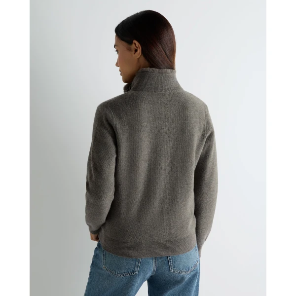 N.Peal Honeycomb Full Zip Cashmere Jumper With Fur Trim in Wood Smoke Brown