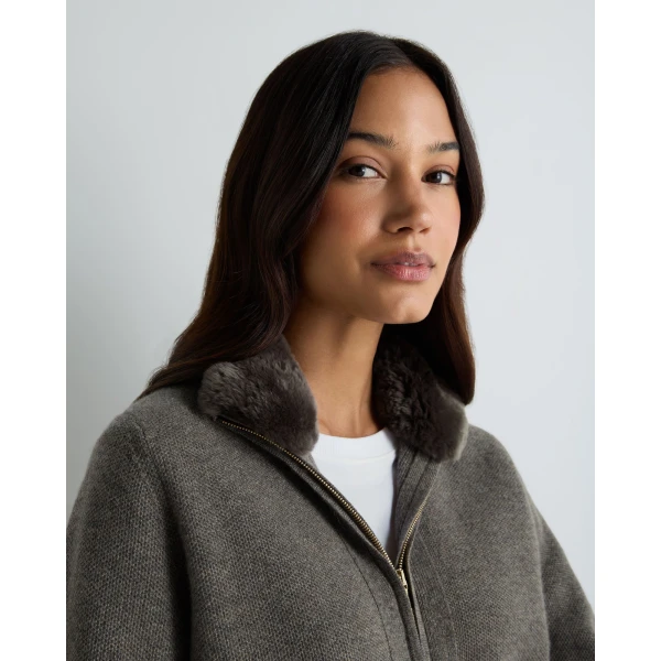 N.Peal Honeycomb Full Zip Cashmere Jumper With Fur Trim in Wood Smoke Brown
