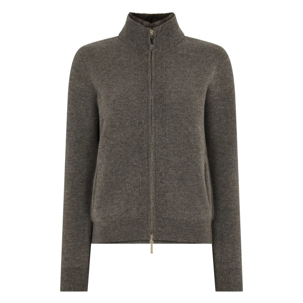 N.Peal Honeycomb Full Zip Cashmere Jumper With Fur Trim in Wood Smoke Brown | Sweaters | Coveti