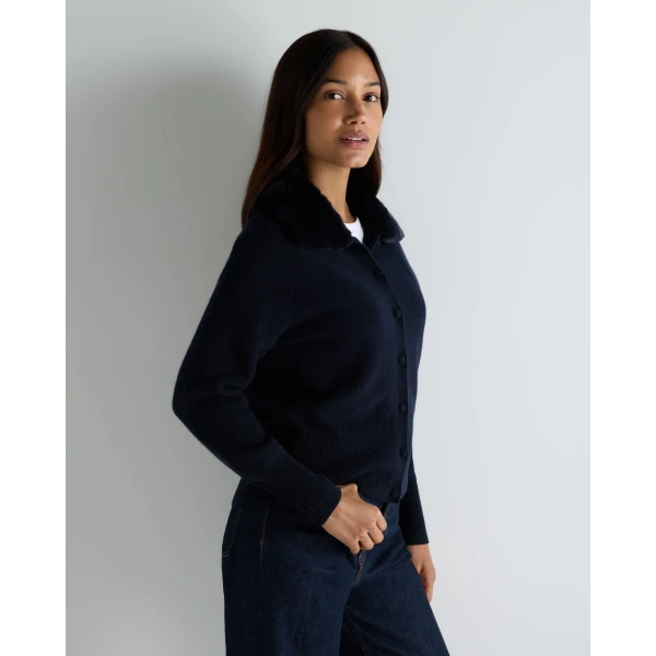 N.Peal Honeycomb Fur Trim Cashmere Cardigan in Navy Blue