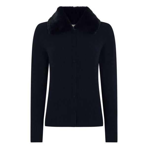 N.Peal Honeycomb Fur Trim Cashmere Cardigan in Navy Blue