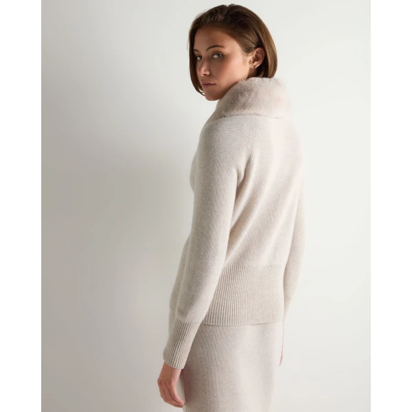 N.Peal Honeycomb Fur Trim Cashmere Cardigan in Pebble Grey