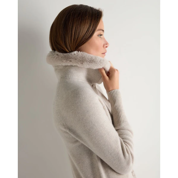 N.Peal Honeycomb Fur Trim Cashmere Cardigan in Pebble Grey