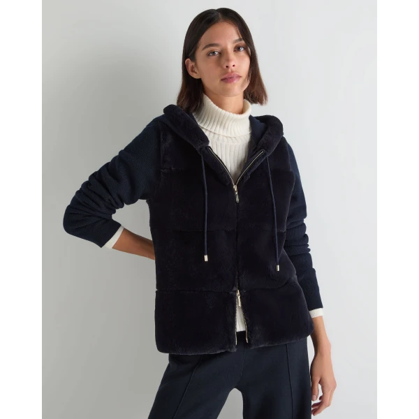 N.Peal Honeycomb Fur Trim Cashmere Hoodie in Navy Blue