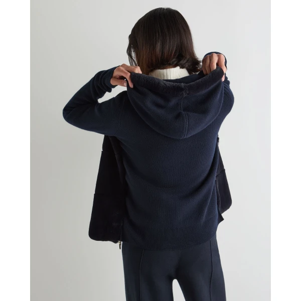 N.Peal Honeycomb Fur Trim Cashmere Hoodie in Navy Blue