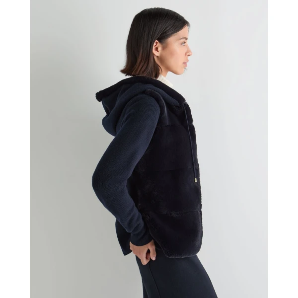 N.Peal Honeycomb Fur Trim Cashmere Hoodie in Navy Blue
