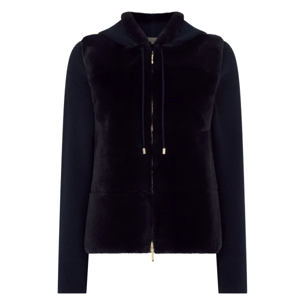 Honeycomb Fur Trim Cashmere Hoodie in Navy Blue