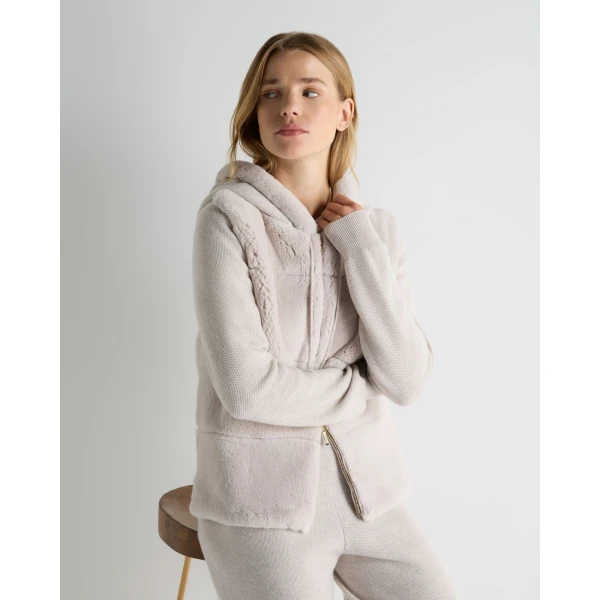 N.Peal Honeycomb Fur Trim Cashmere Hoodie in Pebble Grey