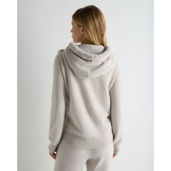 N.Peal Honeycomb Fur Trim Cashmere Hoodie in Pebble Grey
