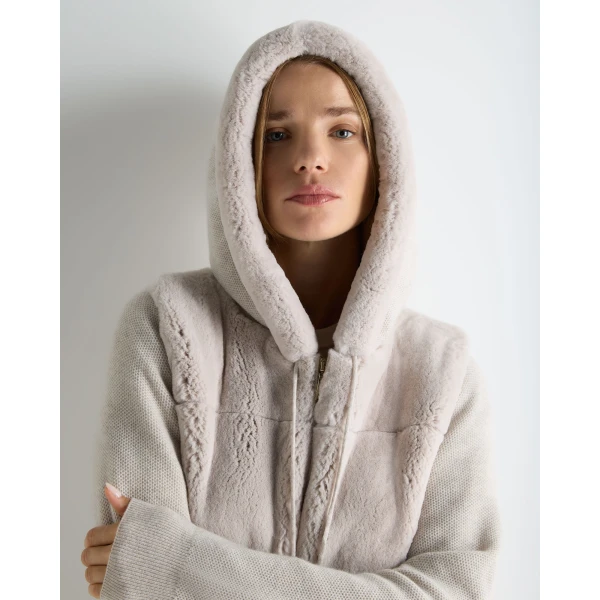N.Peal Honeycomb Fur Trim Cashmere Hoodie in Pebble Grey