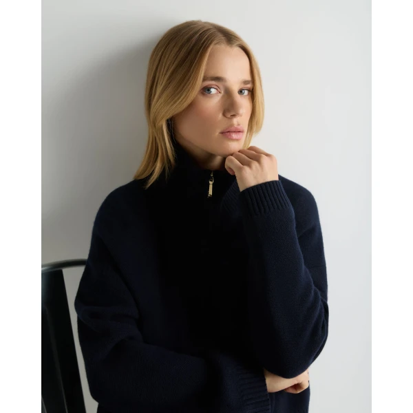 N.Peal Honeycomb Quarter-Zip Cashmere Jumper in Navy Blue