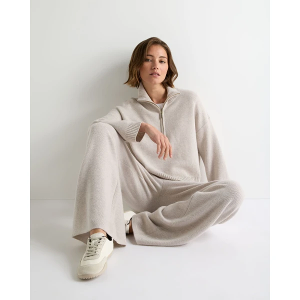 N.Peal Honeycomb Quarter-Zip Cashmere Jumper in Pebble Grey