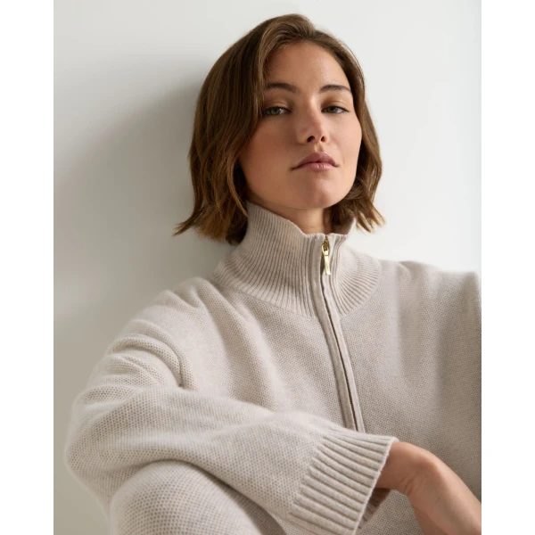 N.Peal Honeycomb Quarter-Zip Cashmere Jumper in Pebble Grey
