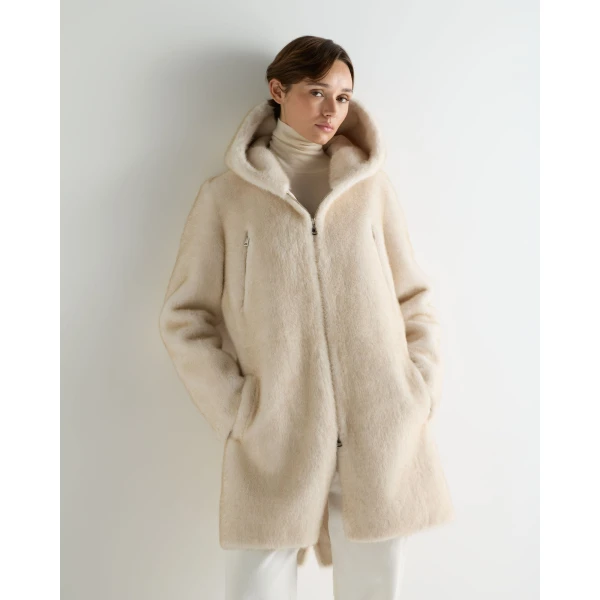 N.Peal Hooded Faux Mink Coat in Off White