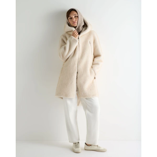 N.Peal Hooded Faux Mink Coat in Off White